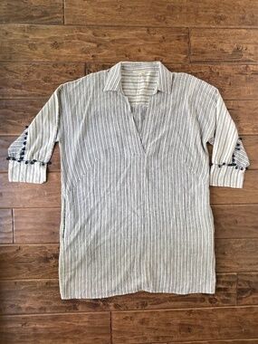 Mystree Women's Large Linen Cotton Tunic Top Pom Poms Coastal Resortwear